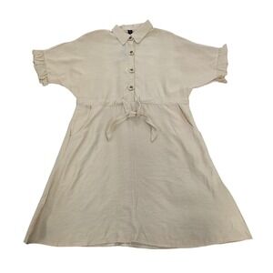 Sacred Threads Beige Linen Blend Button Front Tie Waist‎ Midi Dress OS